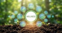 Green sprouts emerging from rich soil with glowing wellness icons floating above, representing holistic health, mindfulness and sustainable living concepts.