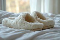 Cozy cream fuzzy slippers on white bedding in bright bedroom interior for comfort and relaxation at home.