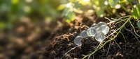 Morning dew drops on spider web among soil and green plant stems, nature macro photography for environmental and garden design projects.