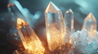Luminous crystal quartz points with amber and blue tones glowing against dark background, creating mystical atmosphere for spiritual or wellness designs.