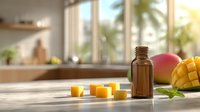 Amber essential oil bottle with fresh mango cubes on kitchen countertop, bright tropical setting with palm trees visible through window.