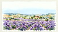 Watercolor lavender field landscape with a rustic farmhouse, rolling hills, and cypress trees, evoking a serene Provencal countryside atmosphere.