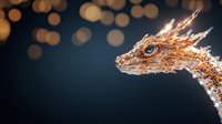 Mystical dragon head with glowing blue eye and golden scales against dark background with blurred bokeh lights, fantasy creature profile view for creative design projects.