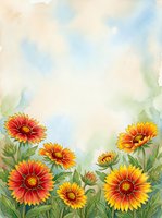 Watercolor gaillardia flowers in red and yellow bloom along the bottom, with soft blue and cream sky above, leaving copy space.
