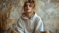 Young blonde woman in oversized cream hoodie with messy bun hairstyle sitting indoors with dried pampas grass and textured wall background for casual lifestyle content.