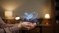 Business professional holding holographic digital technology icons floating above open palms in modern office environment for innovation concepts.
