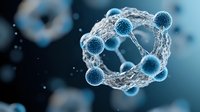 Molecular structure visualization in blue tones showing interconnected spherical particles with mesh network, representing scientific research in nanotechnology and chemistry.
