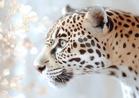 Side profile of spotted jaguar head against soft bokeh background, showing detailed fur pattern and distinctive facial markings in warm natural lighting.