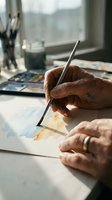 Senior artist hands painting watercolor artwork in bright studio workspace with brushes and palette for creative projects and artistic expression.