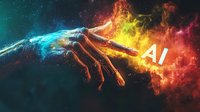 Robotic and human hands reaching towards each other amid cosmic explosion of blue and orange flames, with AI text emerging from energy burst. Digital art concept.