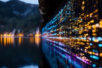 Abstract digital light pattern reflecting on water surface at night, blurred bokeh effect creates futuristic technology visualization with colorful blue and orange glow.