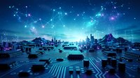 Futuristic smart city with digital network connections, circuit board infrastructure, and glowing data nodes overlaying urban skyline for technology and innovation concepts.