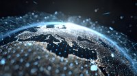 Digital representation of Earth with glowing network connections showing Europe and Africa regions illuminated against dark background.
