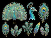 Peacock bird with fanned tail feathers and isolated feather elements in turquoise, gold, and emerald tones. Transparent background, ready for t-shirts, clipart, stickers, sublimation, and print-on-demand designs.