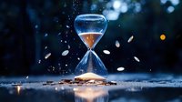 Hourglass with flowing sand on reflective surface against dark background with bokeh lights and falling petals creates magical atmosphere of passing time.