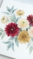 Watercolor floral arrangement with burgundy dahlias, cream ranunculus and golden blooms on white paper for wedding invitations and greeting cards.