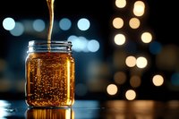 Golden honey pouring into glass mason jar with bubbles and bokeh lights in dark background, food photography with warm ambient lighting effect.