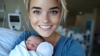 Young Caucasian mother in blue hospital gown holding newborn baby with tender smile, maternity ward setting with medical equipment in background, emotional bonding moment.