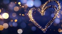 Glowing golden heart shape with sparkles and light trails against dark blue bokeh background, romantic magical atmosphere for Valentine's Day and love themes.