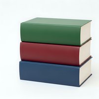 Stack of three hardcover books in green red and blue colors isolated on white background for educational and literary design projects.