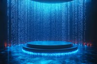 Glowing blue circular podium with digital matrix rain effect and neon lights creates futuristic stage atmosphere for product display or presentation background.