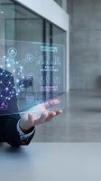 Businessman hand displaying holographic interface with regulatory compliance, policy frameworks and governance hierarchies in modern office environment.