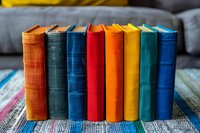 Row of colorful vintage hardcover books standing on striped surface against gray sofa background, featuring vibrant spines in orange, green, blue, red and yellow tones.