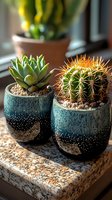Succulent and barrel cactus in decorative turquoise ceramic pots with speckled gradient design, displayed on granite surface near window with natural lighting.