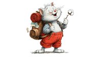 Happy adventurous white cat in red shorts carrying backpack and camping gear, cheerful expression while hiking outdoors, hand drawn illustration on white background.
