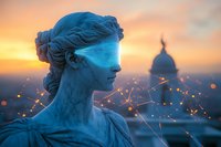 Glowing classical statue with luminous blue light effect against sunset sky and dome silhouette, surrounded by magical network of light connections and sparkles.