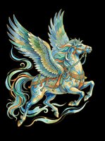 Ornate flying horse with wings in blue, gold, and teal tones, isolated on transparent background. Great for t-shirt design, stickers, sublimation, and print on demand.
