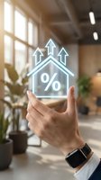 Hand holding holographic house icon with percentage symbol and upward arrows representing mortgage rates, property investment growth, and real estate market trends.