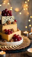Gourmet cheese platter with red grapes and walnuts on slate board with crackers and warm bokeh lights for holiday entertaining and festive gatherings.