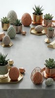 Modern geometric home decor collection with succulents in metallic planters and decorative objects arranged on marble surface for interior design.