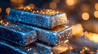 Stacked silver bars with water drops and golden bokeh lights creating luxurious atmosphere. Metallic surface reflects warm glow against dark background.
