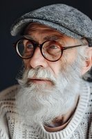Senior Caucasian man with white beard wearing vintage glasses and flat cap looking thoughtfully aside. Close-up portrait against dark background shows knit sweater detail.