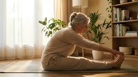 Senior Caucasian woman practicing yoga stretching exercise at home in bright living room with plants and books creating peaceful wellness atmosphere.