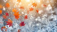 Autumn maple leaves falling with winter frost and snowflakes creating seasonal transition from fall to winter with warm golden light and cold crystalline elements.