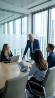Senior male executive leading diverse team meeting in modern high-rise office with city skyline views, discussing business strategy with laptops and documents on wooden table.