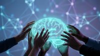 Diverse hands reaching toward a glowing holographic brain on a dark network background, symbolizing AI collaboration and innovation.