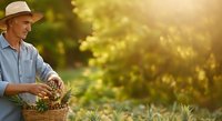 Mature male farmer in straw hat and blue shirt harvesting fresh vegetables in sunny garden, holding wicker basket of produce for agricultural and farming concepts.