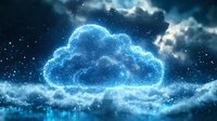 Glowing digital cloud shape floating in night sky with particles and network connections, representing cloud computing and data storage technology.