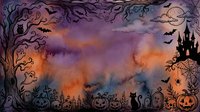 Spooky Halloween night scene with haunted castle, twisted tree, pumpkins, bats and full moon creating atmospheric border frame for seasonal designs.