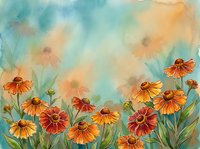 Watercolor painting of vibrant orange and yellow wildflowers blooming in meadow with soft turquoise sky background for botanical art and nature designs.