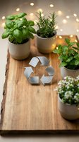 Fresh herbs in eco-friendly pots with recycling symbol on wooden table, sustainable gardening and zero waste lifestyle concept with warm bokeh lights.