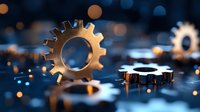 Golden metallic gear wheel with industrial machinery components on dark blue background with warm bokeh lights for engineering and technology concepts.