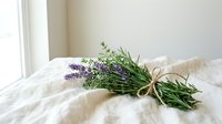Fresh lavender and rosemary herb bundle tied with twine on white linen bedding near window, natural aromatherapy and home decor styling concept.