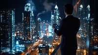 Businessman in dark suit contemplating night cityscape with glowing skyscrapers and traffic lights from high-rise window, holding smartphone in urban setting.