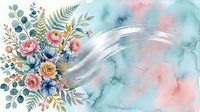 Watercolor floral bouquet with roses, ferns, and foliage in soft pink, blue, and yellow tones with flowing ribbon design element for wedding invitations and greeting cards.