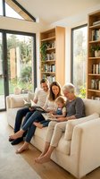 Multi-generational family reading together on sofa in modern living room with built-in bookshelves and large windows creating cozy home atmosphere.